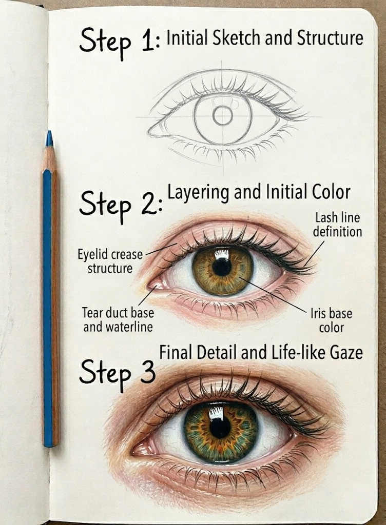 unnamed - 2026-02-26T230215661 Step-by-step realistic eye drawing tutorial with sketch, layering color, and final lifelike iris detail (colored pencil) | Sky Rye Design Step-by-step realistic eye drawing tutorial with sketch, layering color, and final lifelike iris detail (colored pencil)