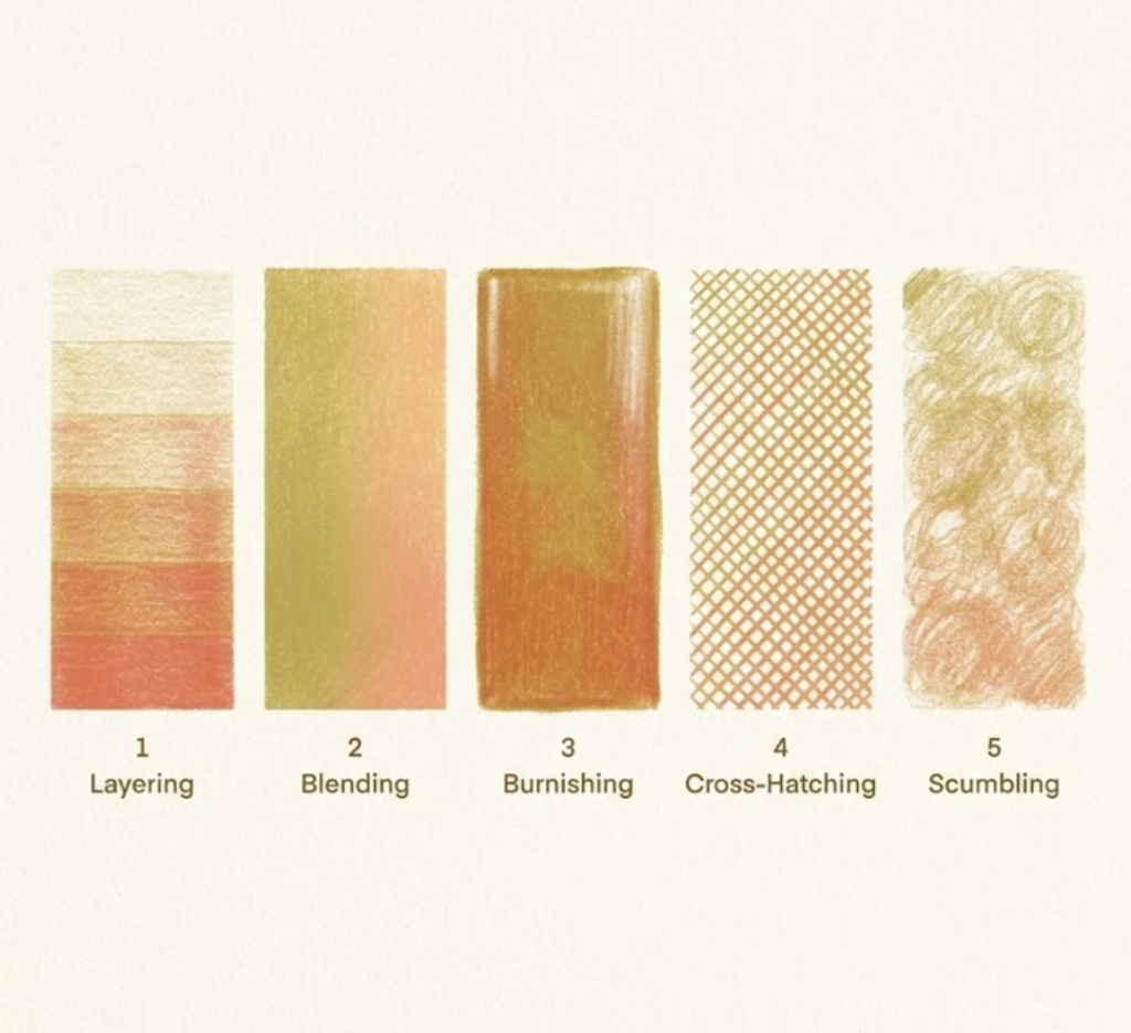 Screenshot 2026-02-26 at 184017 Five colored-pencil shading technique examples: 1 Layering, 2 Blending, 3 Burnishing, 4 Cross‑Hatching, 5 Scumbling | Sky Rye Design Five colored-pencil shading technique examples: 1 Layering, 2 Blending, 3 Burnishing, 4 Cross‑Hatching, 5 Scumbling