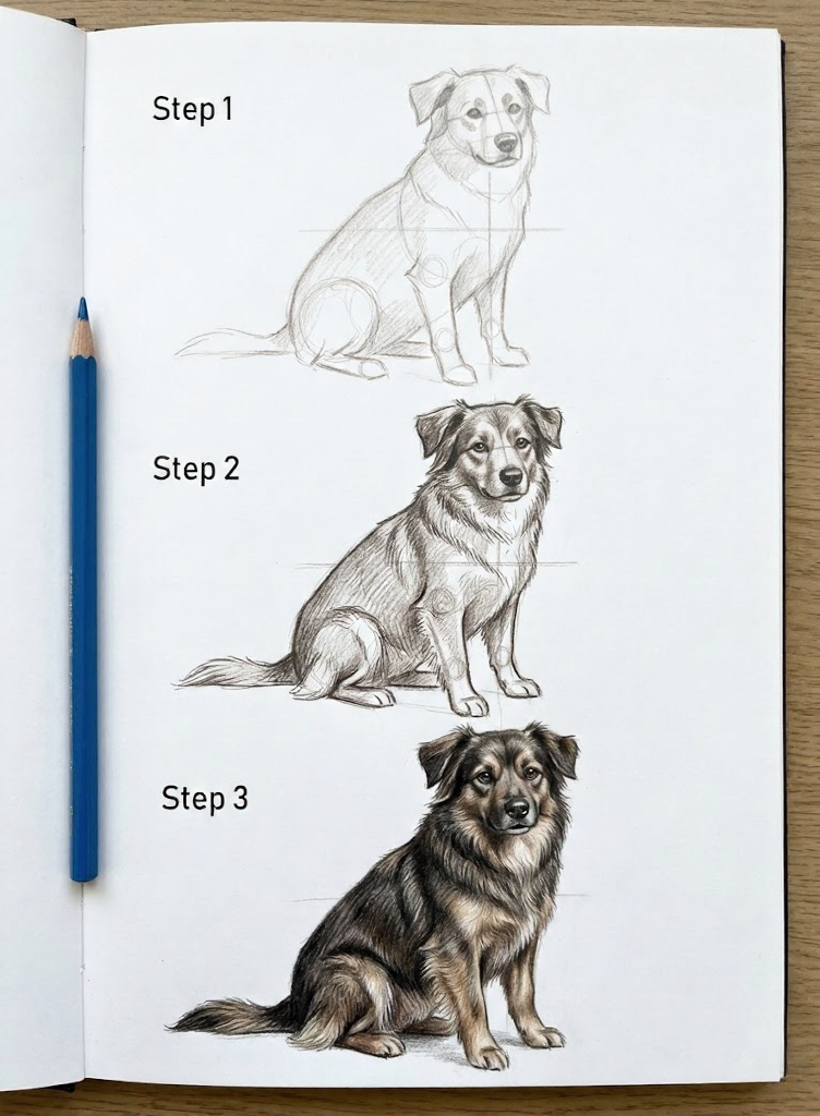 unnamed - 2026-02-26T184856721 Dog drawing tutorial: three-step sketchbook progression from basic construction lines to shaded sketch to final realistic dog. | Sky Rye Design Dog drawing tutorial: three-step sketchbook progression from basic construction lines to shaded sketch to final realistic dog.