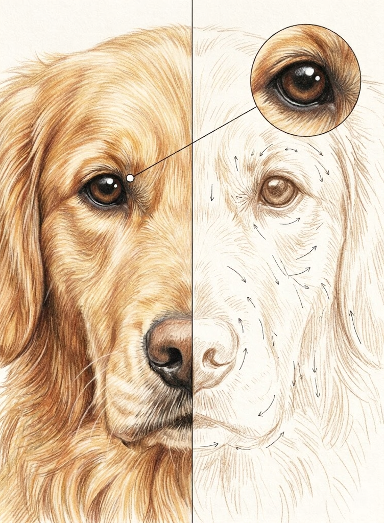 unnamed - 2026-02-26T185058050 Golden retriever portrait drawing, half colored realism and half pencil sketch with magnified eye detail | Sky Rye Design Golden retriever portrait drawing, half colored realism and half pencil sketch with magnified eye detail