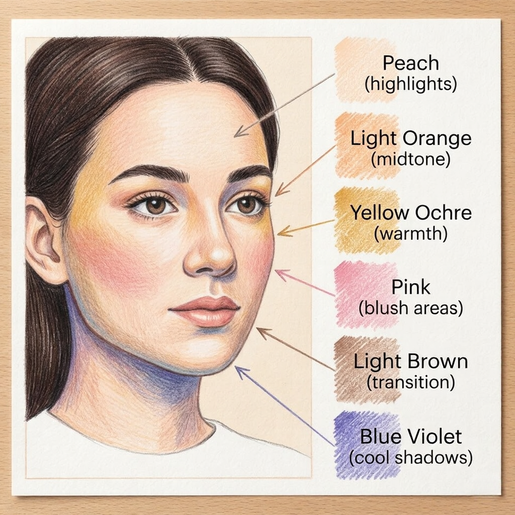 unnamed - 2026-02-26T222803270 Color-coded portrait skin-tone guide showing peach, light orange, yellow ochre, pink, light brown and blue-violet shading. | Sky Rye Design Color-coded portrait skin-tone guide showing peach, light orange, yellow ochre, pink, light brown and blue-violet shading.