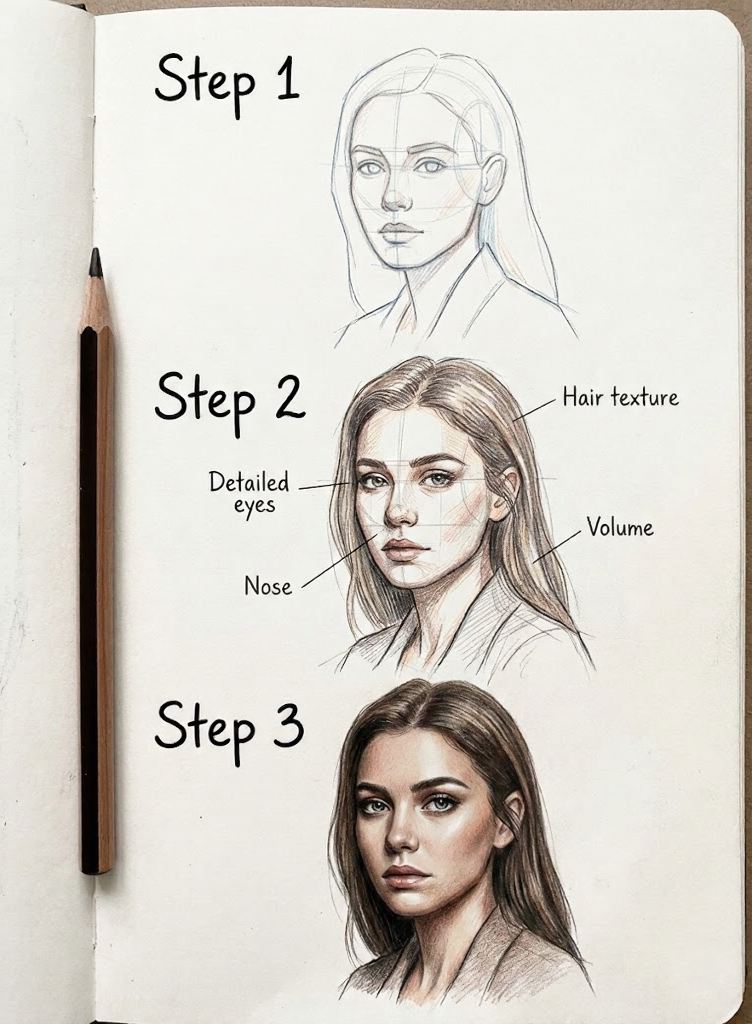 unnamed - 2026-02-26T223329547 Portrait drawing tutorial: 3-step female sketchbook guide — construction lines, refined sketch with notes, realistic rendering | Sky Rye Design Portrait drawing tutorial: 3-step female sketchbook guide — construction lines, refined sketch with notes, realistic rendering