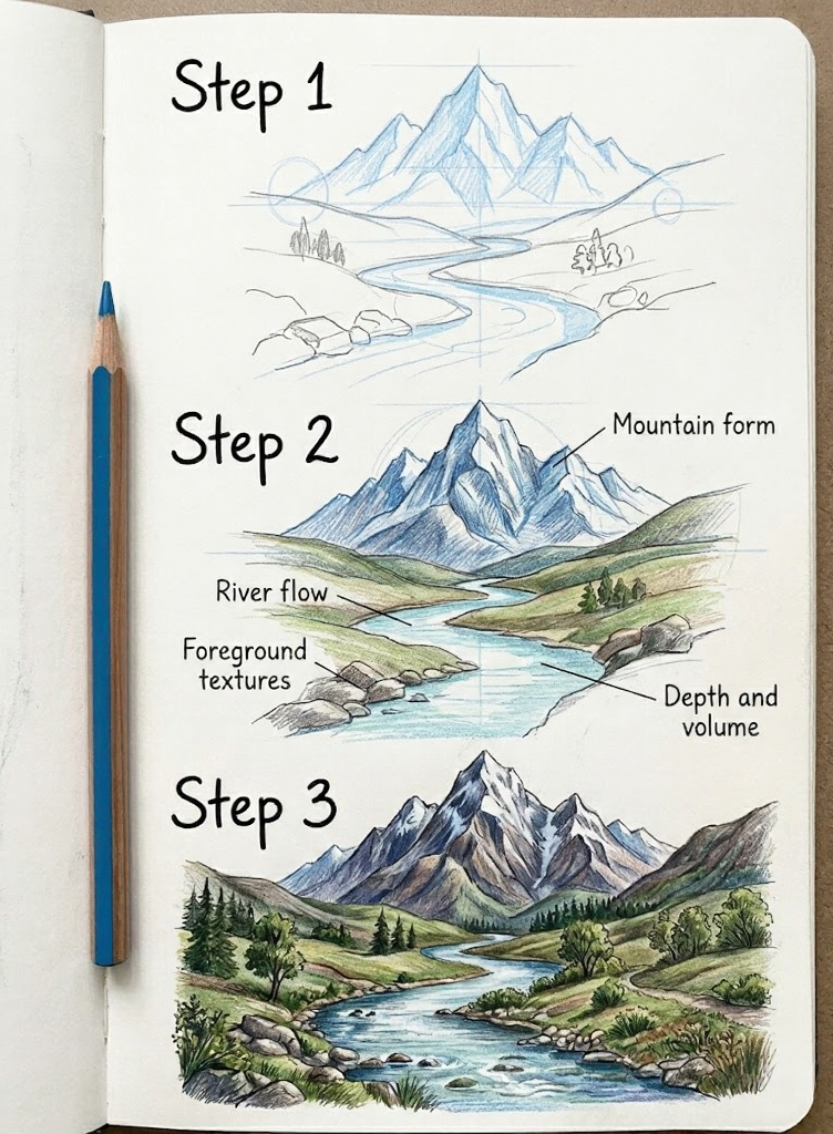 unnamed - 2026-02-26T224107543 Step-by-step landscape drawing tutorial: mountain and river progression from sketch to shaded, colored final. | Sky Rye Design Step-by-step landscape drawing tutorial: mountain and river progression from sketch to shaded, colored final.