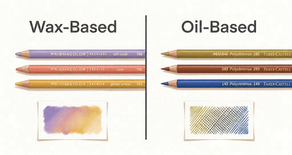 unnamed - 2026-02-26T171724293 Wax-based Prismacolor colored pencils with smooth blended swatch vs oil-based Faber-Castell Polychromos with crosshatch | Sky Rye Design Wax-based Prismacolor colored pencils with smooth blended swatch vs oil-based Faber-Castell Polychromos with crosshatch