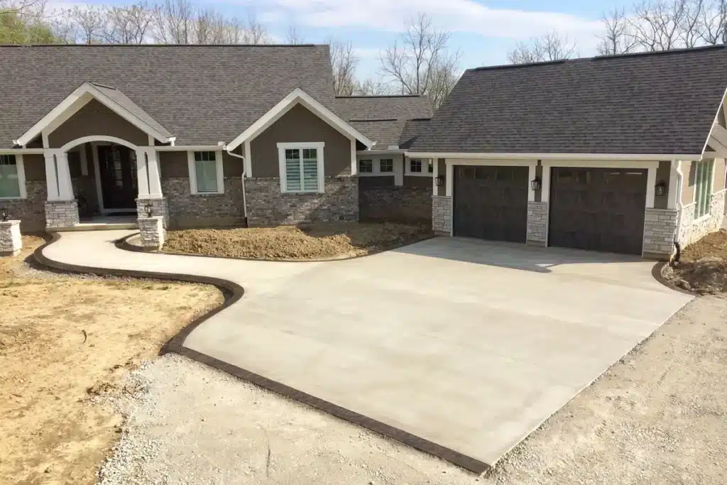 Modern house with stone accents and curved concrete driveway under a clear sky.