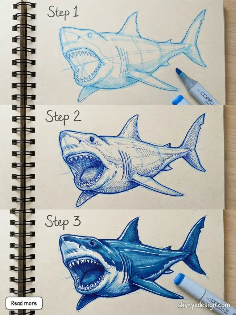 Three-step shark drawing tutorial in a spiral sketchbook — blue marker rough sketch, inked details, and final shaded shark illustration.