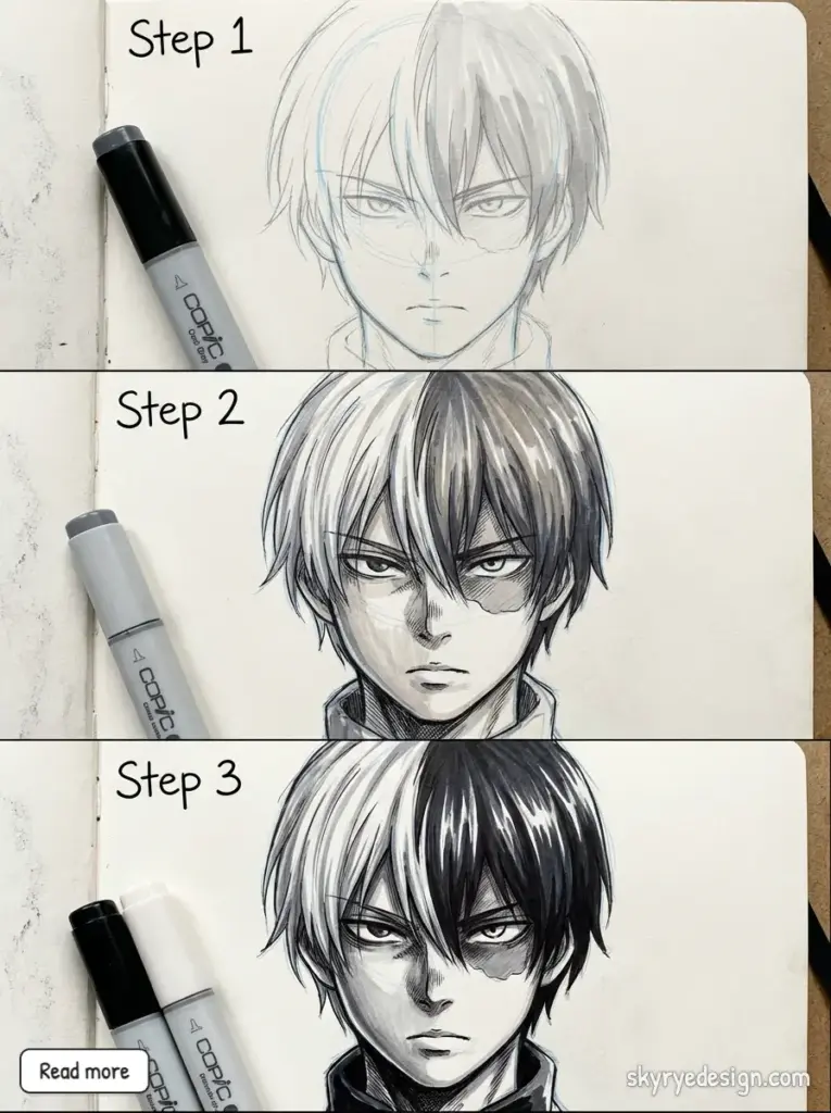 Step-by-step manga portrait tutorial: pencil sketch to Copic marker shading in three stages, showing two-tone hair anime-style character. Easy Anime Drawings