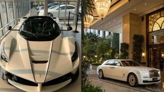 custom luxury vehicles White luxury sports car indoors and classic white Rolls-Royce parked at elegant building entrance. | Sky Rye Design White luxury sports car indoors and classic white Rolls-Royce parked at elegant building entrance.