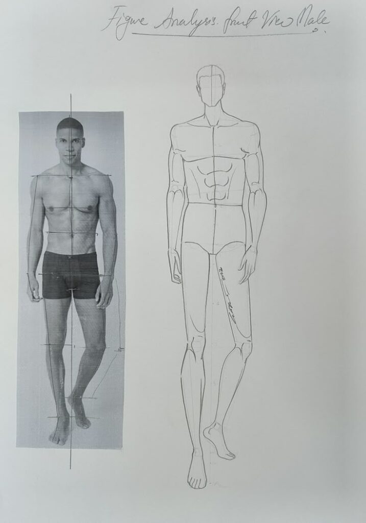 Sketch and photo comparison of male figure anatomy for figure analysis study.