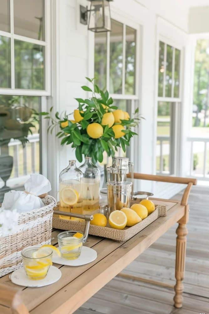 d56255db00757c52ca773a81cc128103 Refreshing lemon drink setup on a porch table with fresh lemons and greenery in a cozy, rustic setting. | Sky Rye Design Refreshing lemon drink setup on a porch table with fresh lemons and greenery in a cozy, rustic setting.