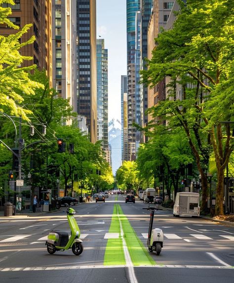 d5f91c18d44ab4cd66281f81e7b47e3c Urban street with green bike lane, two scooters parked, skyscrapers, and lush trees under a clear blue sky. | Sky Rye Design Urban street with green bike lane, two scooters parked, skyscrapers, and lush trees under a clear blue sky.