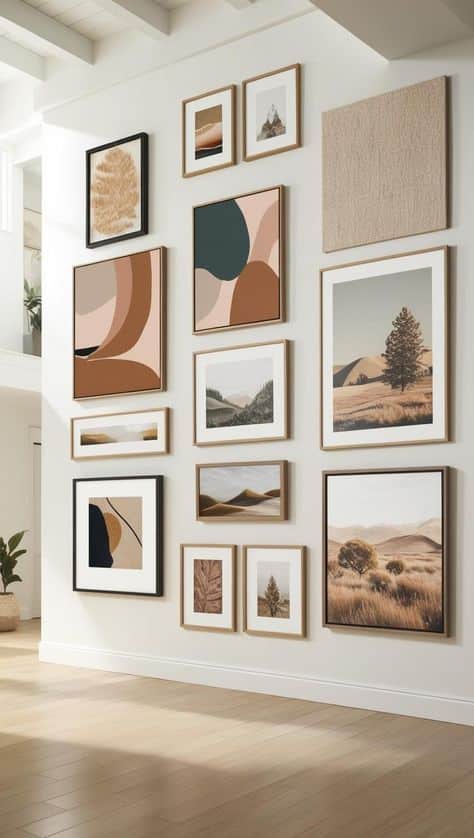 Gallery wall with diverse framed artwork in earthy tones on a bright, modern interior wall.