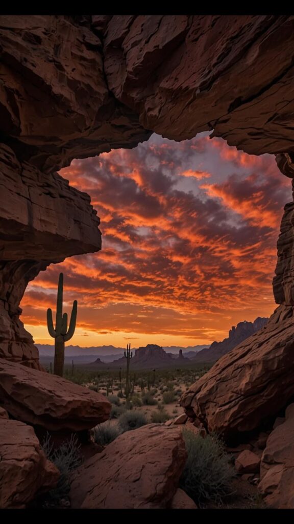 Desert sunset view through rocky arch, featuring a vibrant sky and saguaro cacti in the foreground.