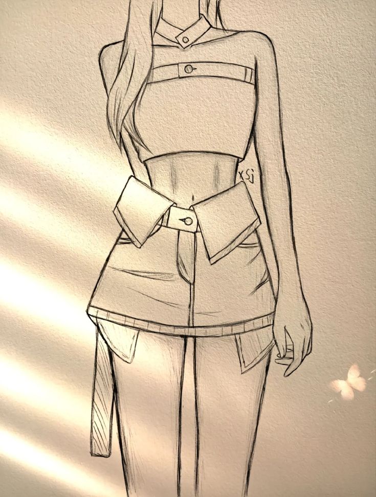 dc85f3ba0cf9de33db06ff73f3358362 Fashion sketch of a woman wearing a modern outfit with geometric details. | Sky Rye Design Fashion sketch of a woman wearing a modern outfit with geometric details.