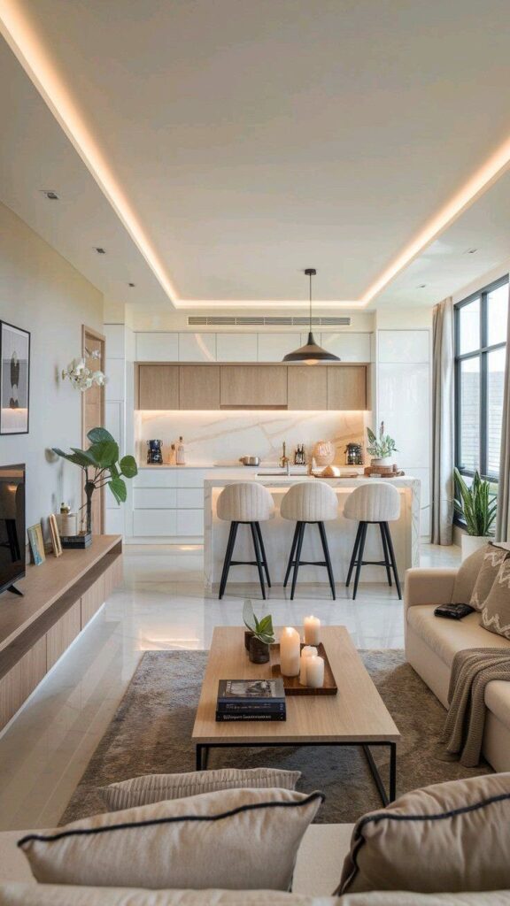 Sleek modern kitchen and living area with neutral tones, cozy decor, and ambient lighting for a stylish home vibe.