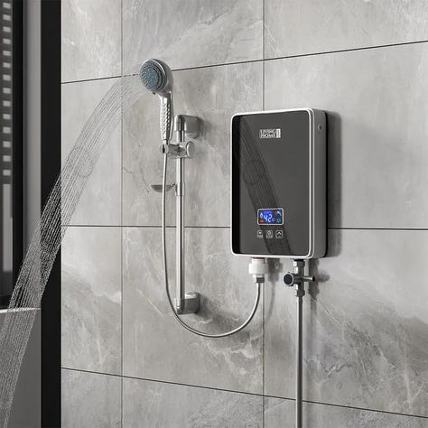 Modern shower with digital temperature control panel and adjustable showerhead on tiled bathroom wall.