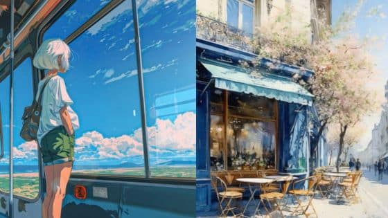 digital art ideas Anime-style girl on train gazing at scenery; charming outdoor cafe with trees and tables under sunny sky. | Sky Rye Design Anime-style girl on train gazing at scenery; charming outdoor cafe with trees and tables under sunny sky.