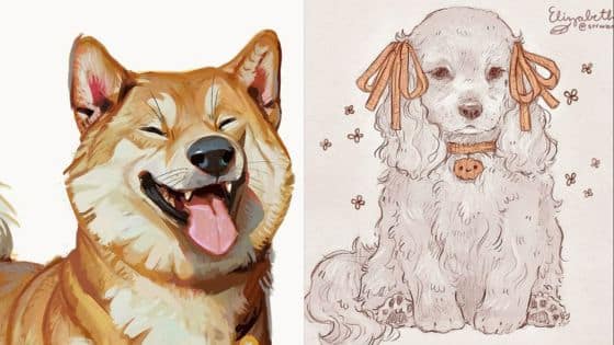 dog drawing easy Illustrated Shiba Inu smiling and a doodle of a fluffy dog with ribbons, showcasing adorable pet art. | Sky Rye Design Illustrated Shiba Inu smiling and a doodle of a fluffy dog with ribbons, showcasing adorable pet art.