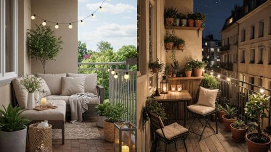 dreamy balcony styling Cozy balcony decor with string lights, plants, and seating for day and night use. Perfect relaxing outdoor space. | Sky Rye Design Cozy balcony decor with string lights, plants, and seating for day and night use. Perfect relaxing outdoor space.