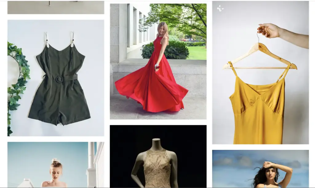 Fashion collage: woman twirling in red evening gown, olive romper, mustard slip dress on hanger, lace dress mannequin