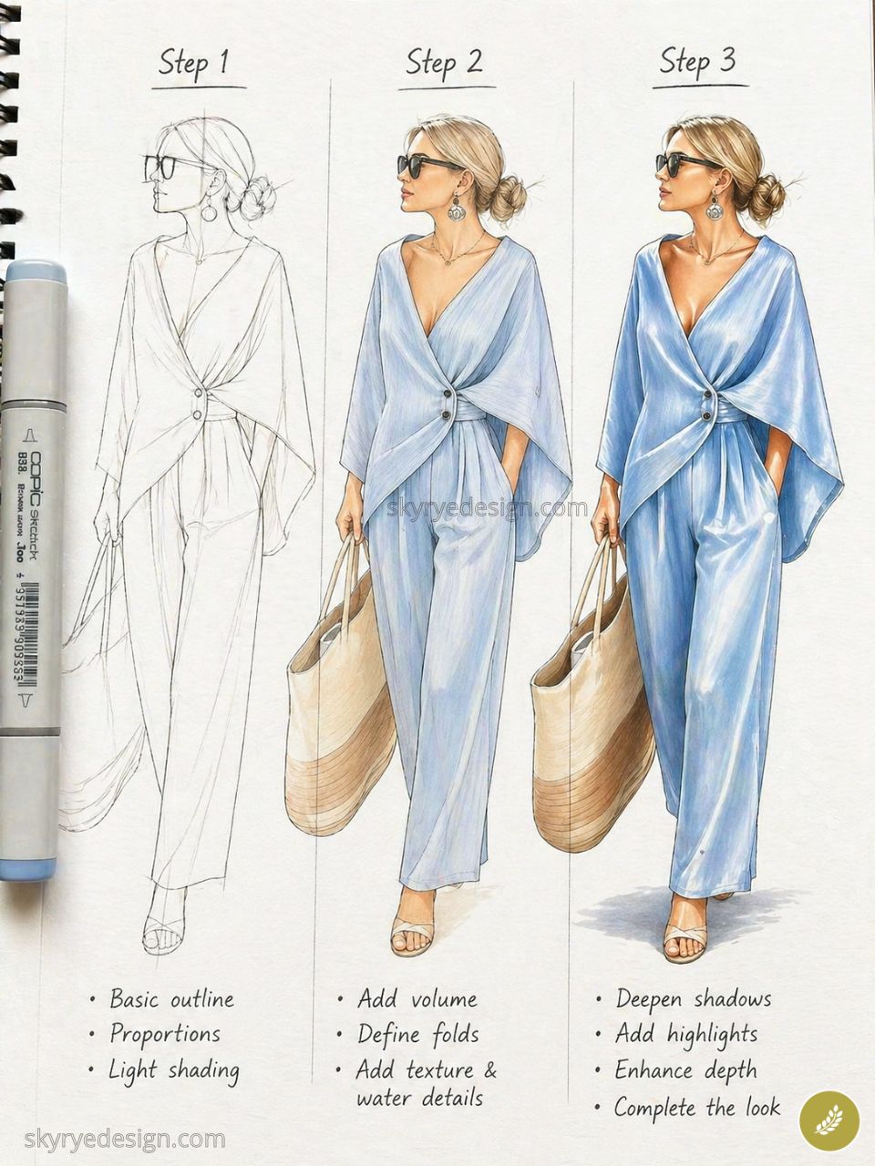 Fashion illustration tutorial: sketch to full-color woman in blue wrap top and wide trousers, straw tote
