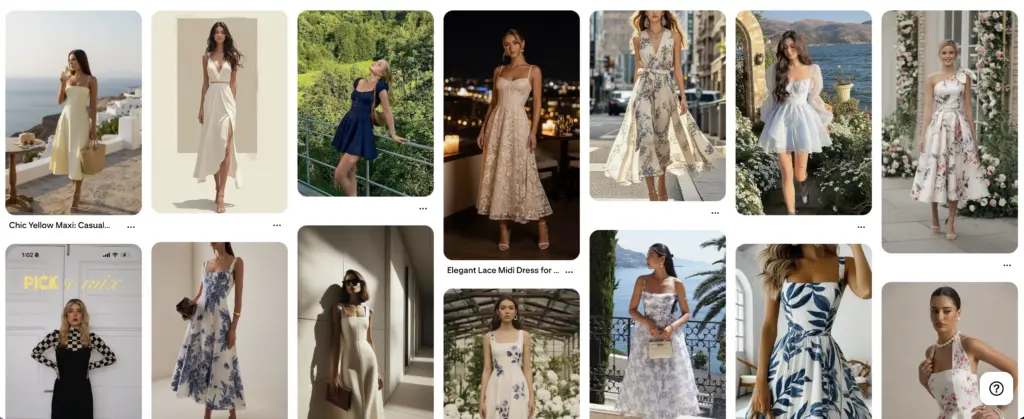 Grid of women's summer dresses and floral midi sundresses: elegant, casual and evening styles for spring-summer fashion