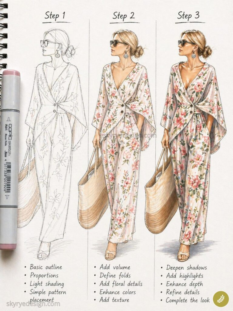 Step-by-step fashion illustration: sketch to finished floral wrap jumpsuit with tote bag, shading and pattern details