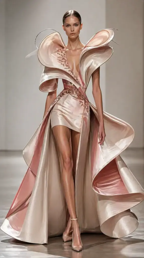 Avant-garde couture blush satin gown on runway model with sculptural ruffled collar and high‑low train