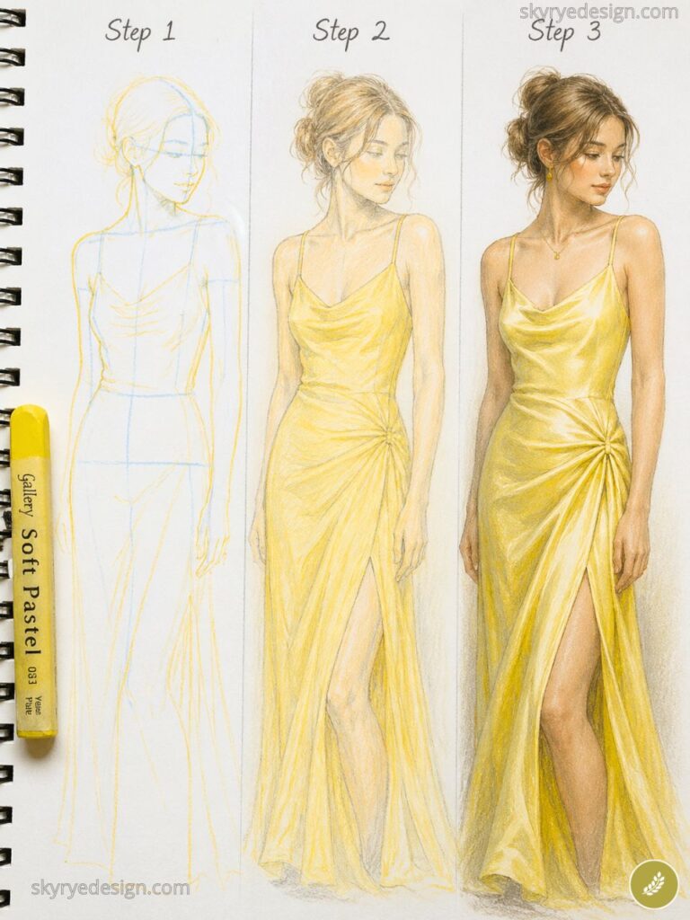 Step-by-step drawing tutorial: pencil sketch to full-color portrait of woman in flowing yellow evening gown.
