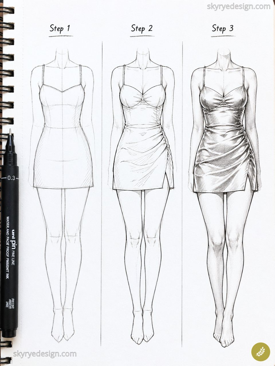 Pencil fashion illustration showing three front-view female figures in a mini dress, step-by-step detailing.