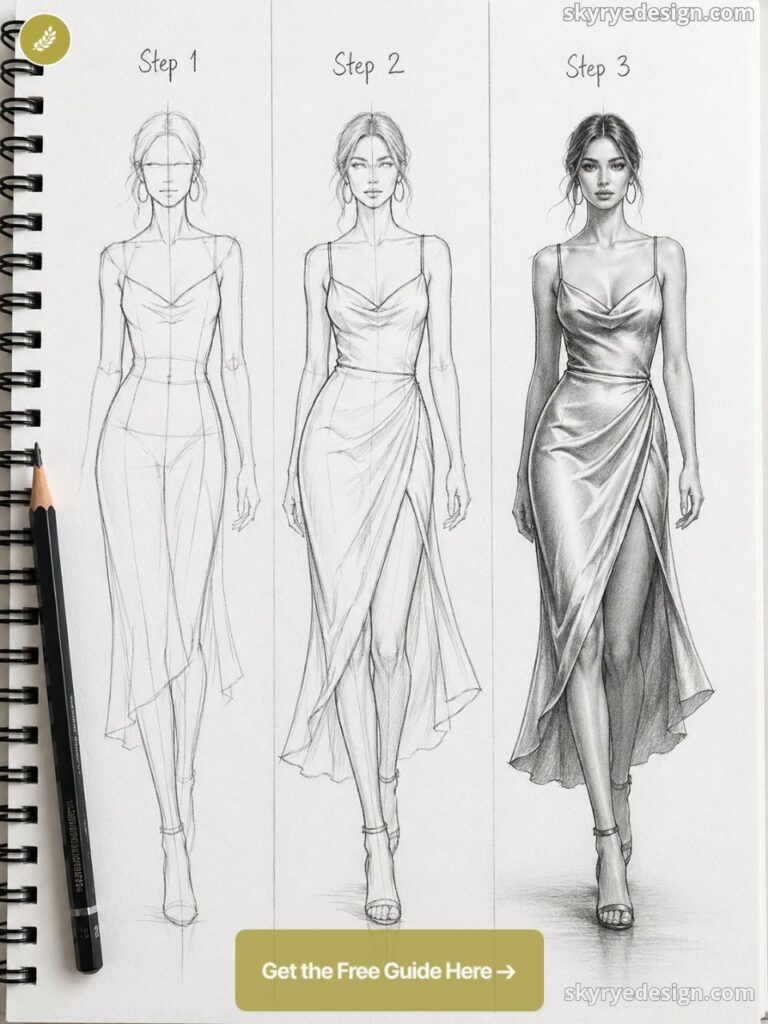 Three-stage pencil fashion sketch showing progression to realistic rendering of woman in draped wrap dress