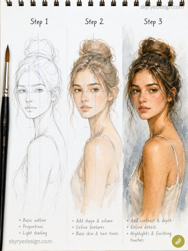 Step-by-step watercolor portrait: pencil sketch to detailed painted young woman with messy bun, paintbrush at left side