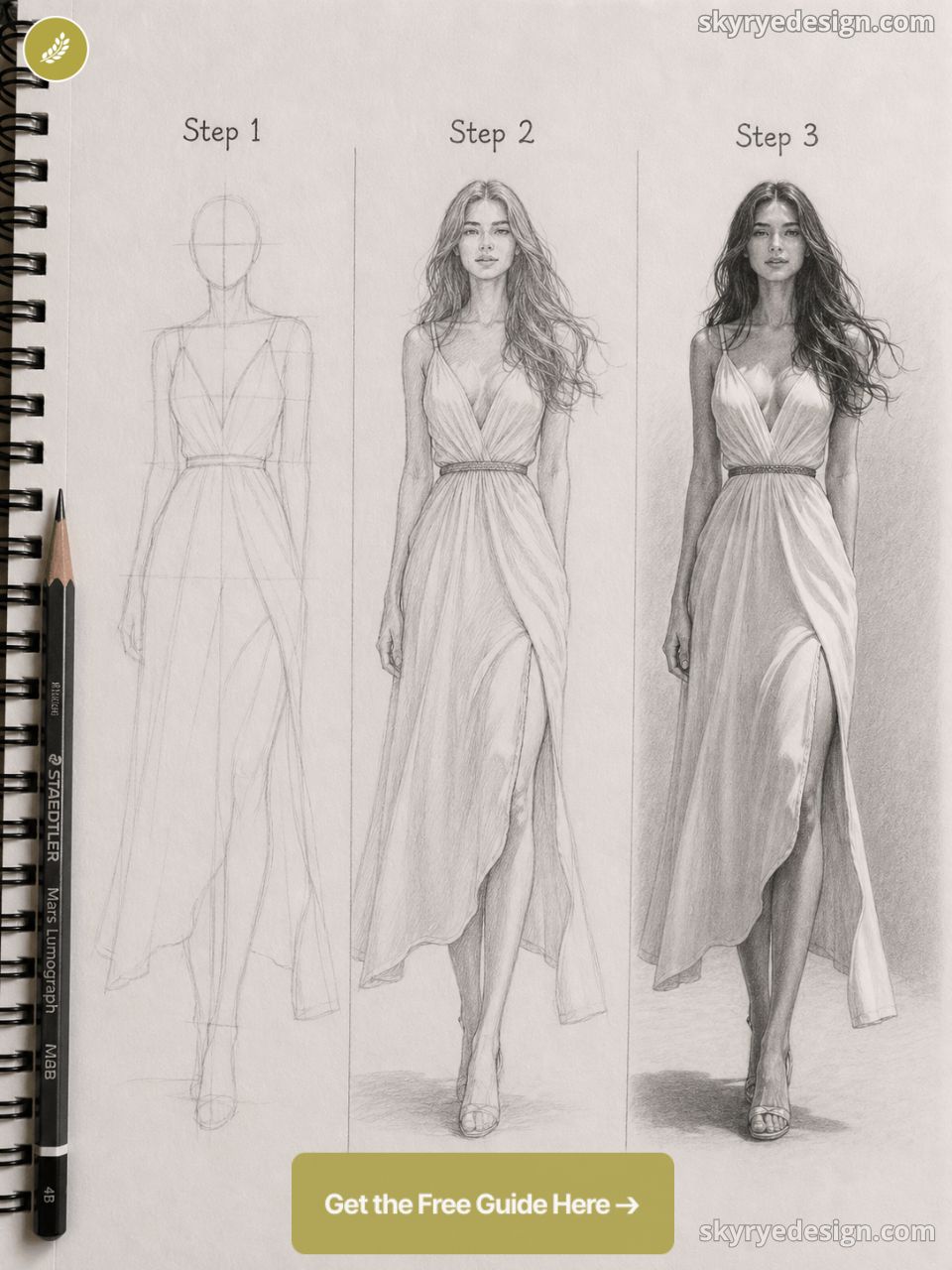 Step-by-step pencil fashion sketch tutorial showing three stages of a woman in a flowing dress on a spiral sketchbook