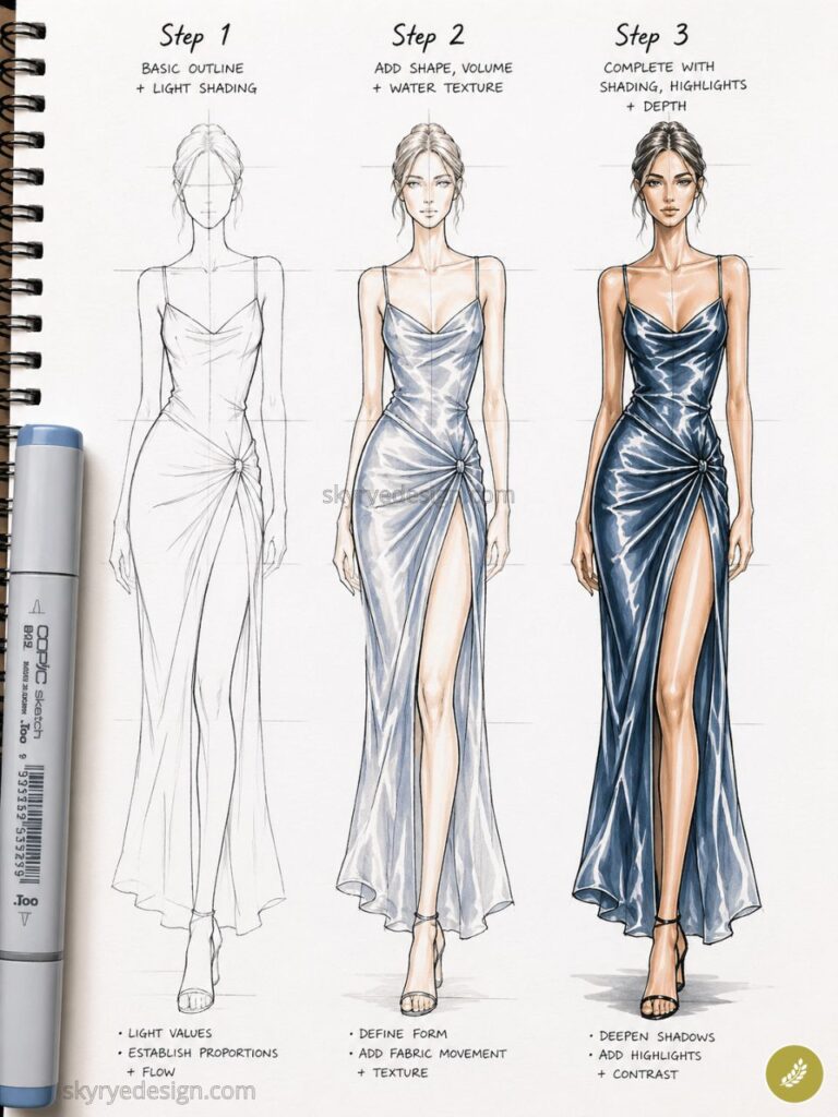 Fashion illustration tutorial: three-step gown sketch-to-render showing draping, fabric texture, shading and highlights