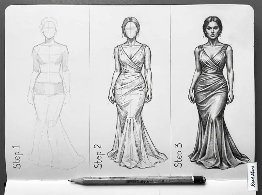 Three-part illustration showing the step-by-step sketching process of a woman in an elegant dress, from outline to detailed