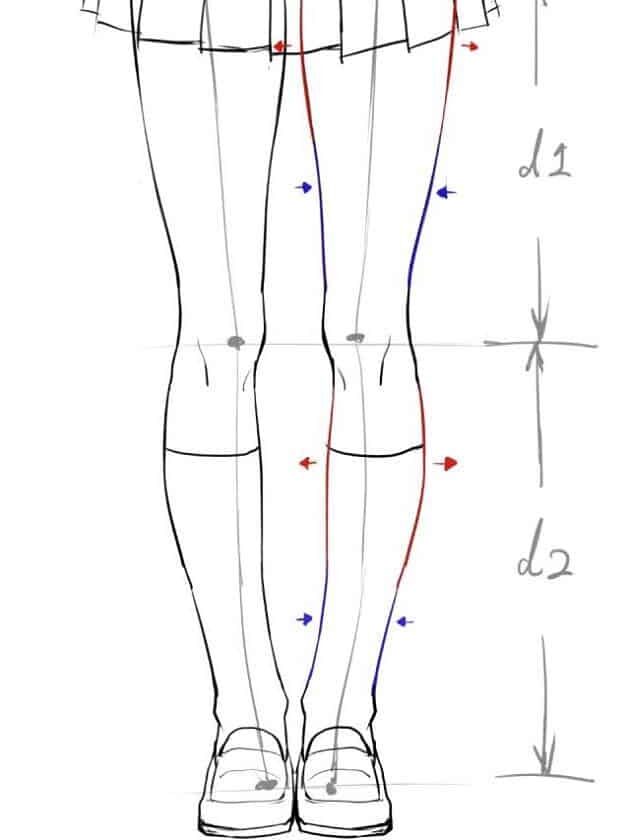 Illustration of legs with measurement lines and arrows, wearing a pleated skirt and shoes; focus on proportions.
