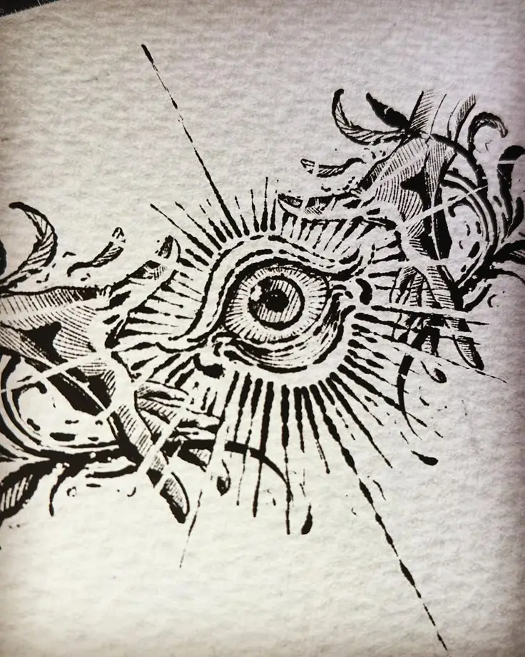 Ornate ink drawing of an eye surrounded by intricate lines and floral patterns on textured paper.