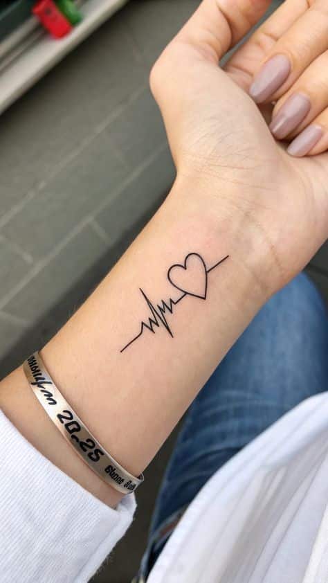 Minimal heart and heartbeat tattoo on a wrist with silver bracelet, showcasing simple and elegant design.