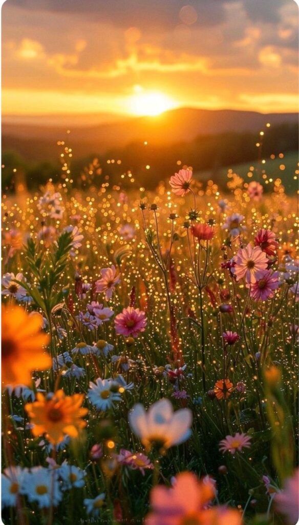 Field of colorful wildflowers under a glowing sunset sky, with sparkling bokeh lights creating a magical atmosphere.
