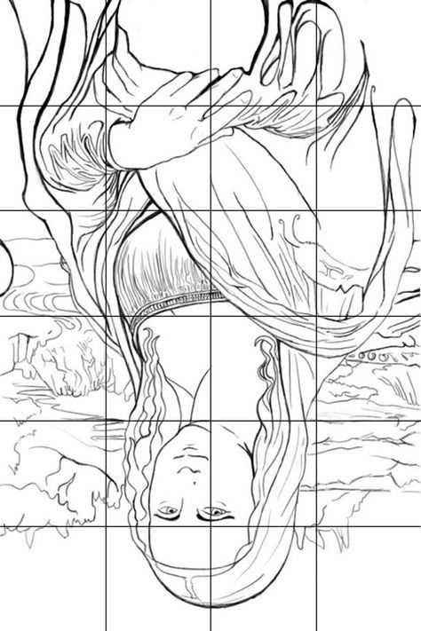 Upside-down Mona Lisa line drawing with grid for a drawing exercise.