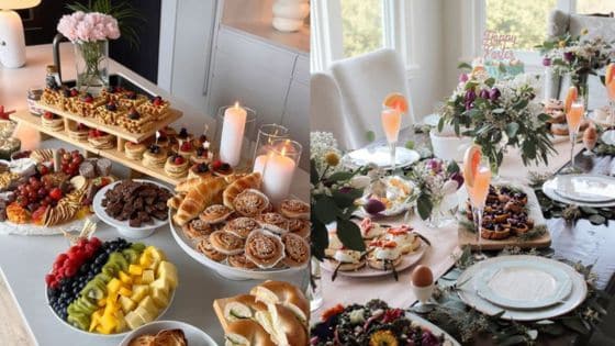 easter brunch ideas Elegant brunch setup with assorted pastries, fruit platters, and floral arrangements on a beautifully decorated table. | Sky Rye Design Elegant brunch setup with assorted pastries, fruit platters, and floral arrangements on a beautifully decorated table.
