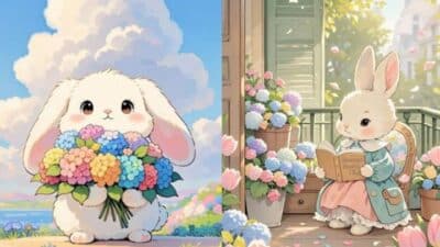 Cute bunnies with colorful flowers; one holding a bouquet, another reading on a sunlit porch surrounded by blooms.
