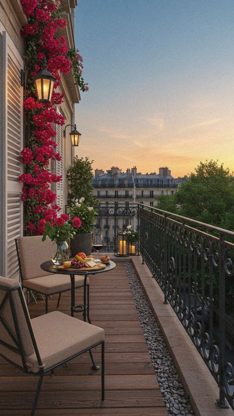 Charming French balcony at sunset with flowers, cozy seating, and a view of Parisian rooftops. Perfect for relaxation.