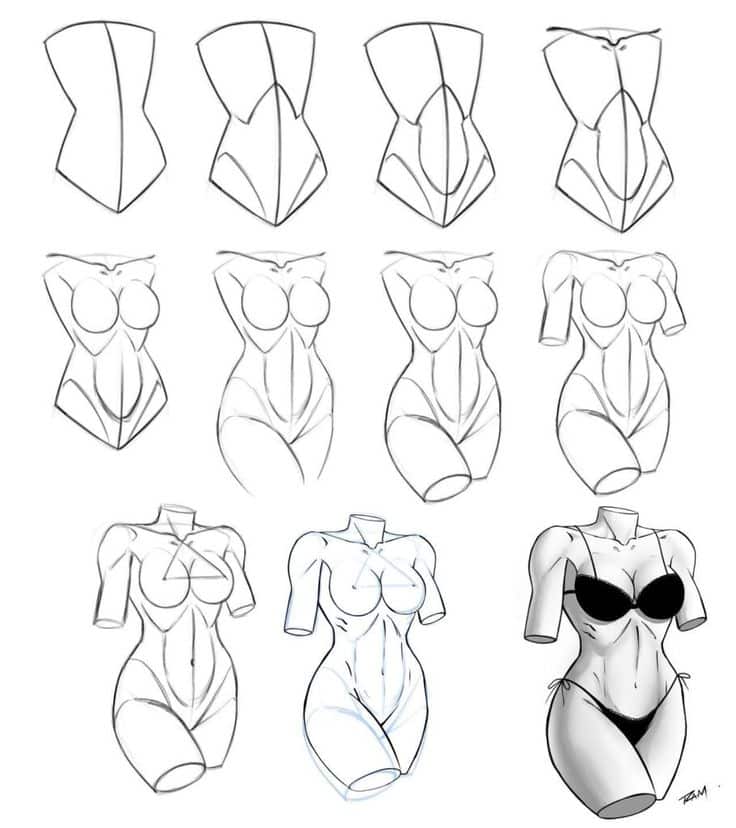 Step-by-step guide to drawing a female body, from basic shapes to detailed sketch with clothes.