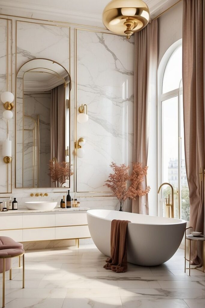 Elegant bathroom with marble decor, freestanding tub, gold accents, and large window for natural light.