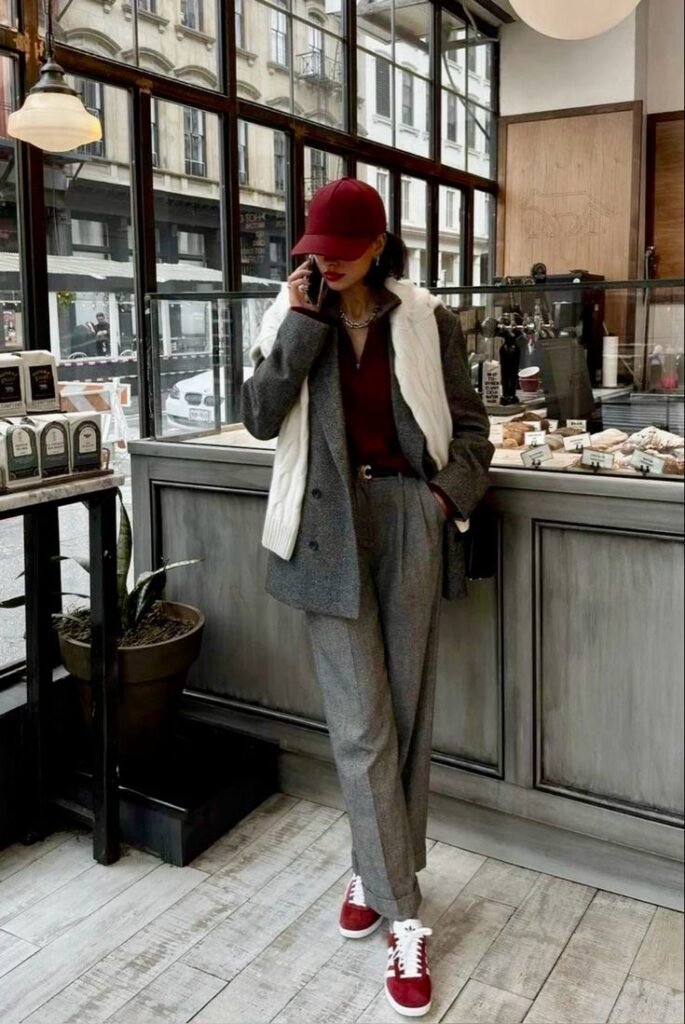Stylish woman in gray suit with red cap and shoes, talking on phone in chic cafe. Modern urban fashion.