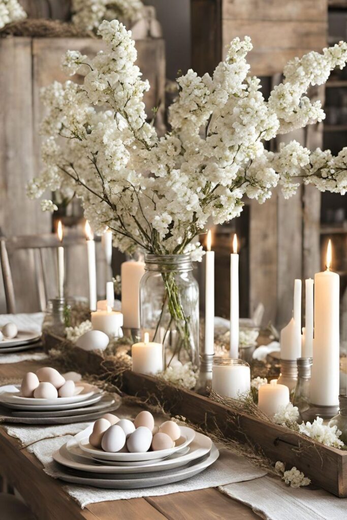 Rustic table setting with white flowers, candles, and eggs on plates, creating an elegant Easter or spring decor scene.