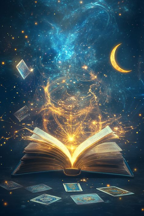 Open book with glowing pages, floating tarot cards, and celestial background, featuring stars and a crescent moon.