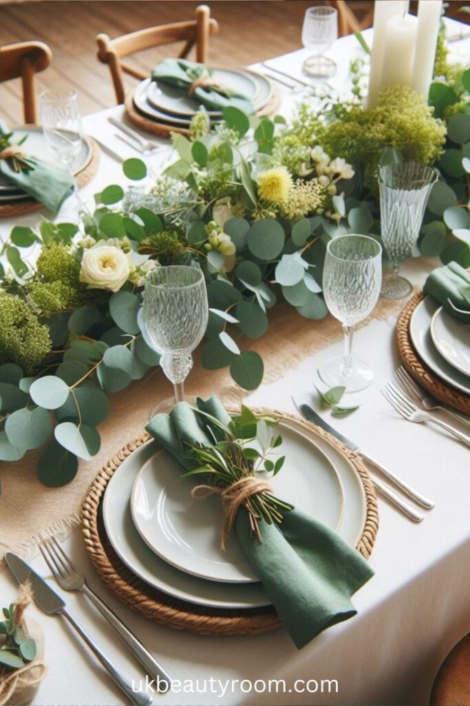 Elegant table setting with green floral centerpiece, crystal glasses, and green napkins on white plates. Spring Decorations