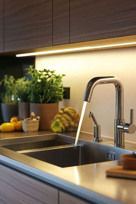 f55b3102f85a2ea9ddeec60ef66f0b99 Modern kitchen sink with a sleek faucet, herbs, lemons, and bananas under soft under-cabinet lighting. | Sky Rye Design Modern kitchen sink with a sleek faucet, herbs, lemons, and bananas under soft under-cabinet lighting.